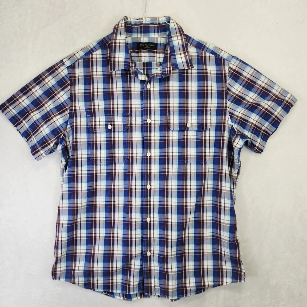 Banana Republic Soft Wash Plaid‎ Short Sleeve Button Down Shirt Blue Mens Large